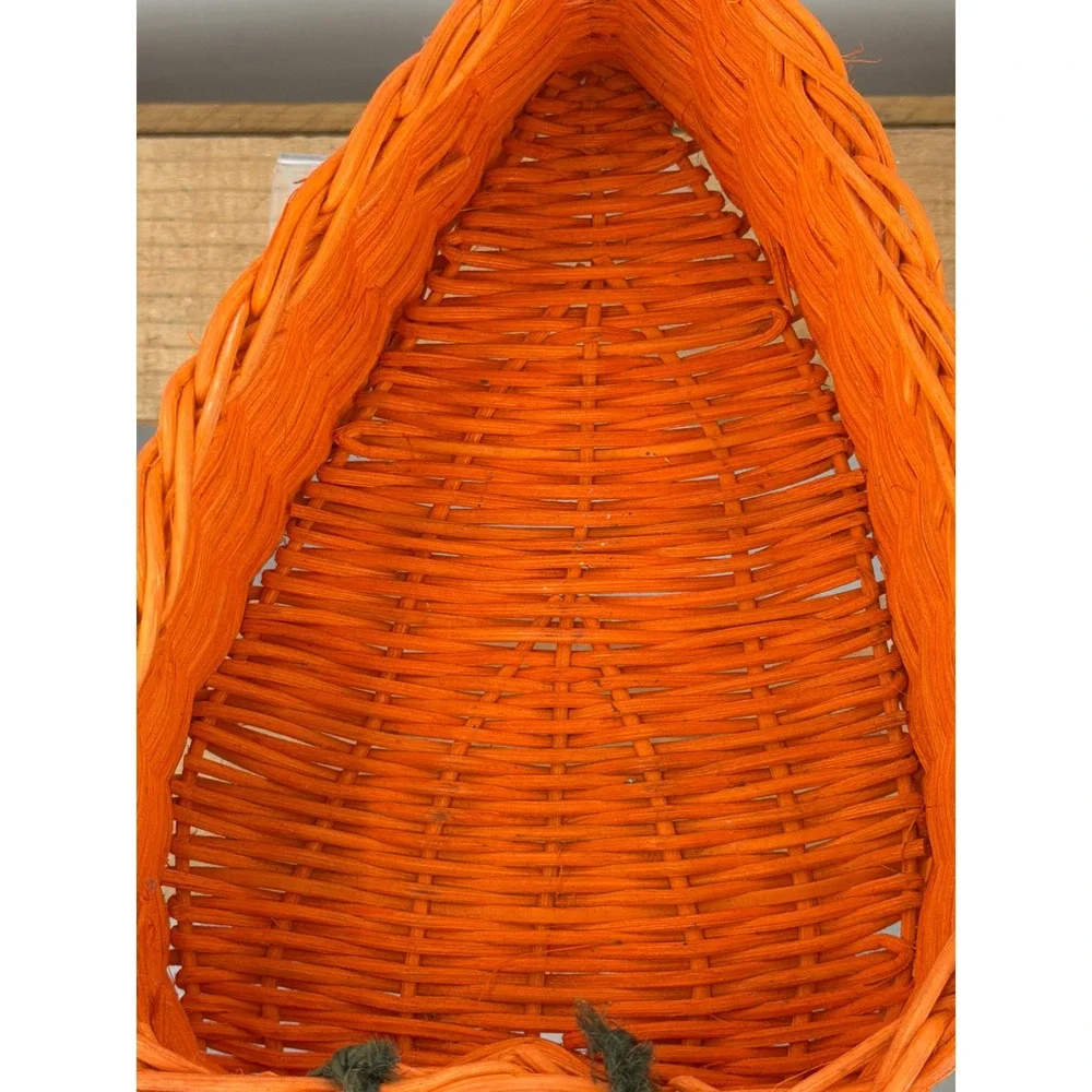 Vintage Orange Wicker Carrot Basket Easter Decor Green Stem‎ Woven Storage